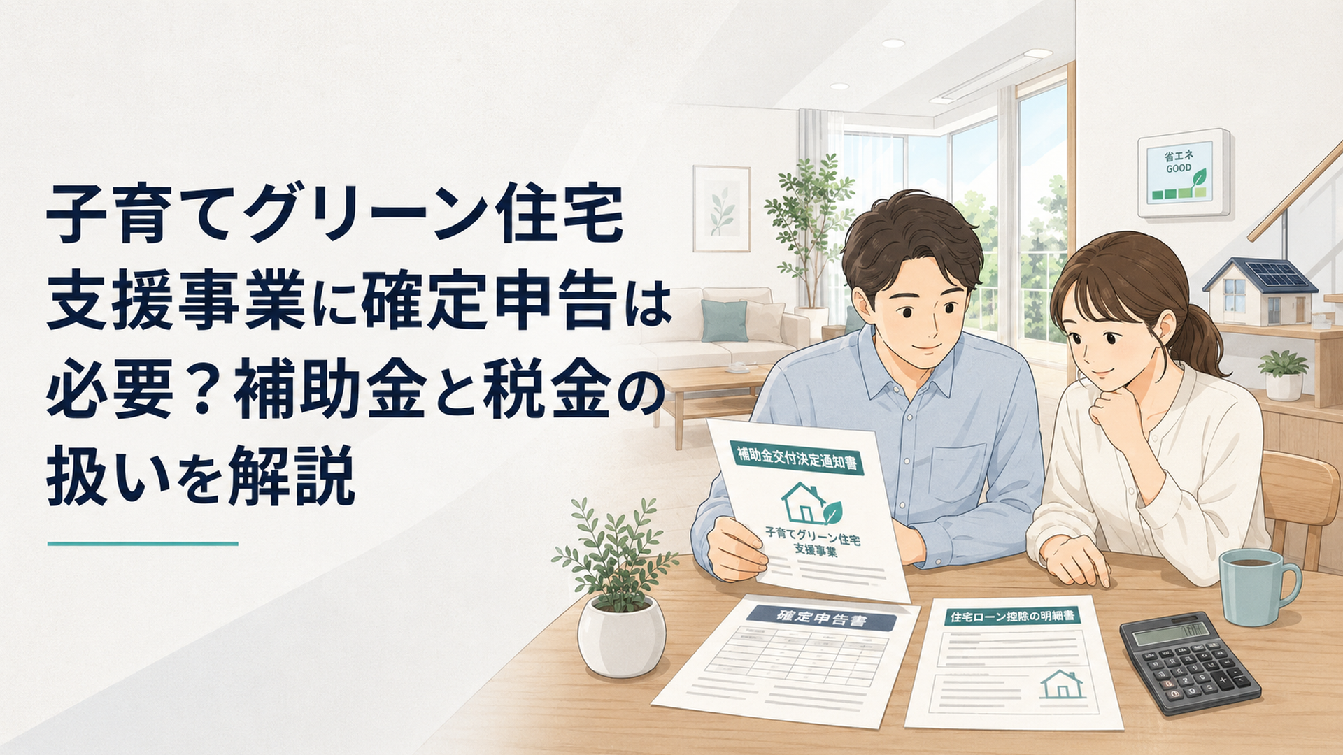 新築の我が家のリビングで、補助金の交付決定通知と確定申告の書類を前に電卓をたたく子育て世帯の夫婦