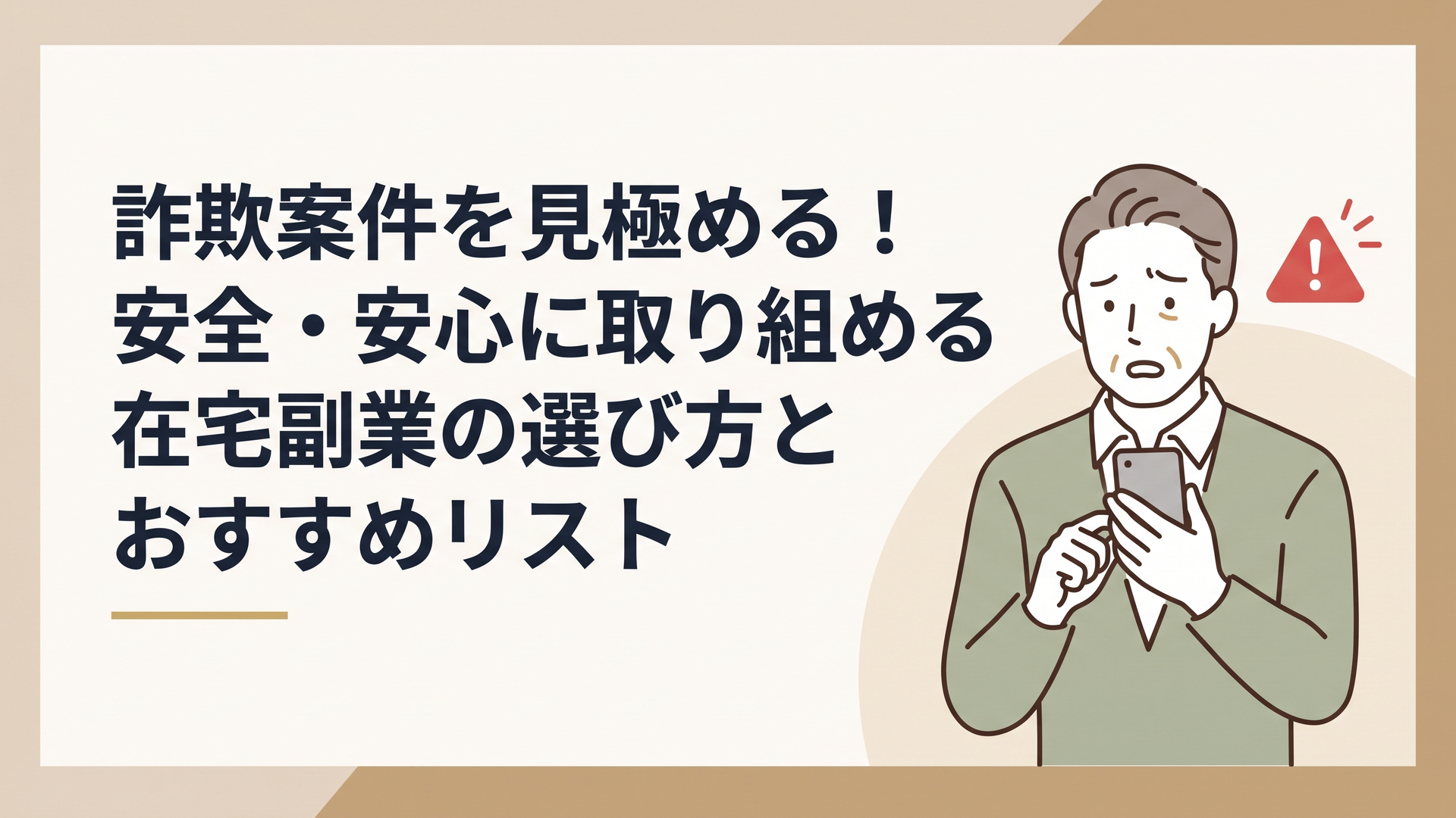 不安そうな表情でスマートフォンを見つめる50代男性と、その背景に警告を意味する赤いアラートマークが浮かんでいる様子