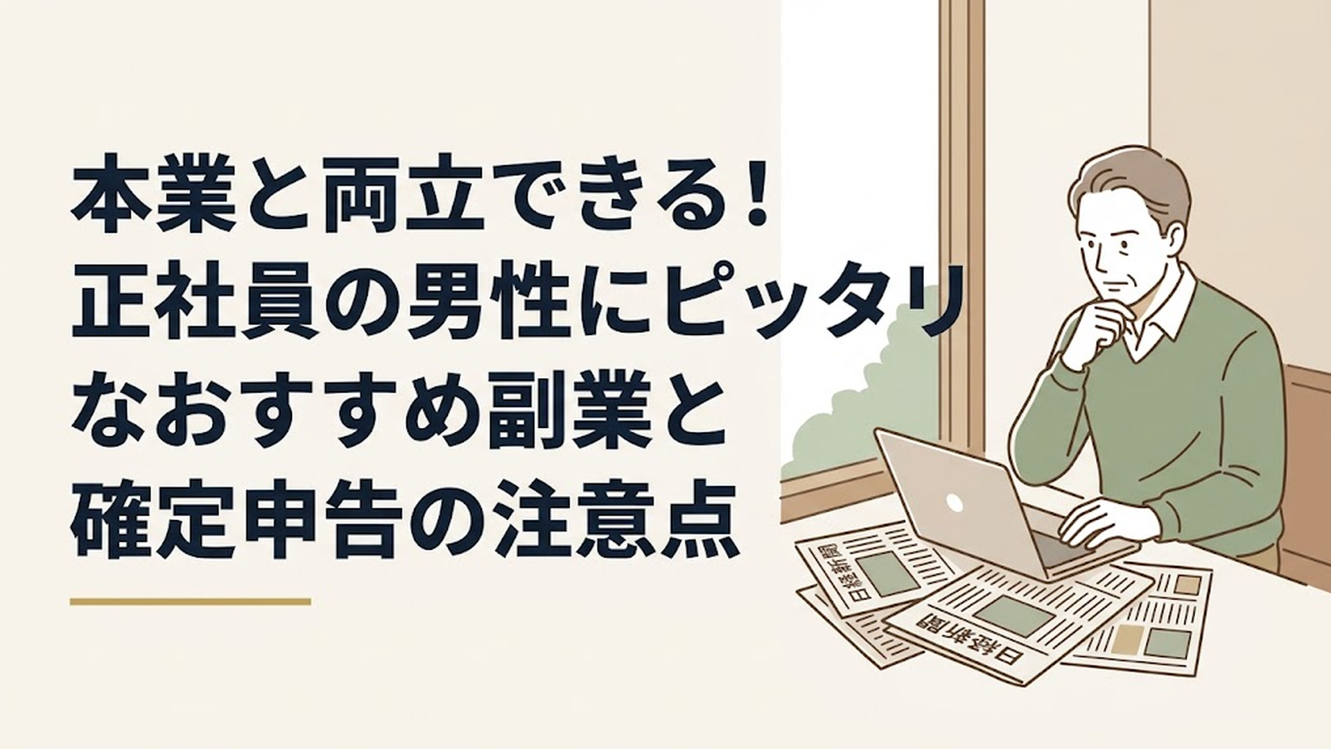 カフェの窓際で、日経新聞の切り抜きとノートパソコンを広げ、真剣な表情でこれからのキャリア計画を練っている50代男性の姿