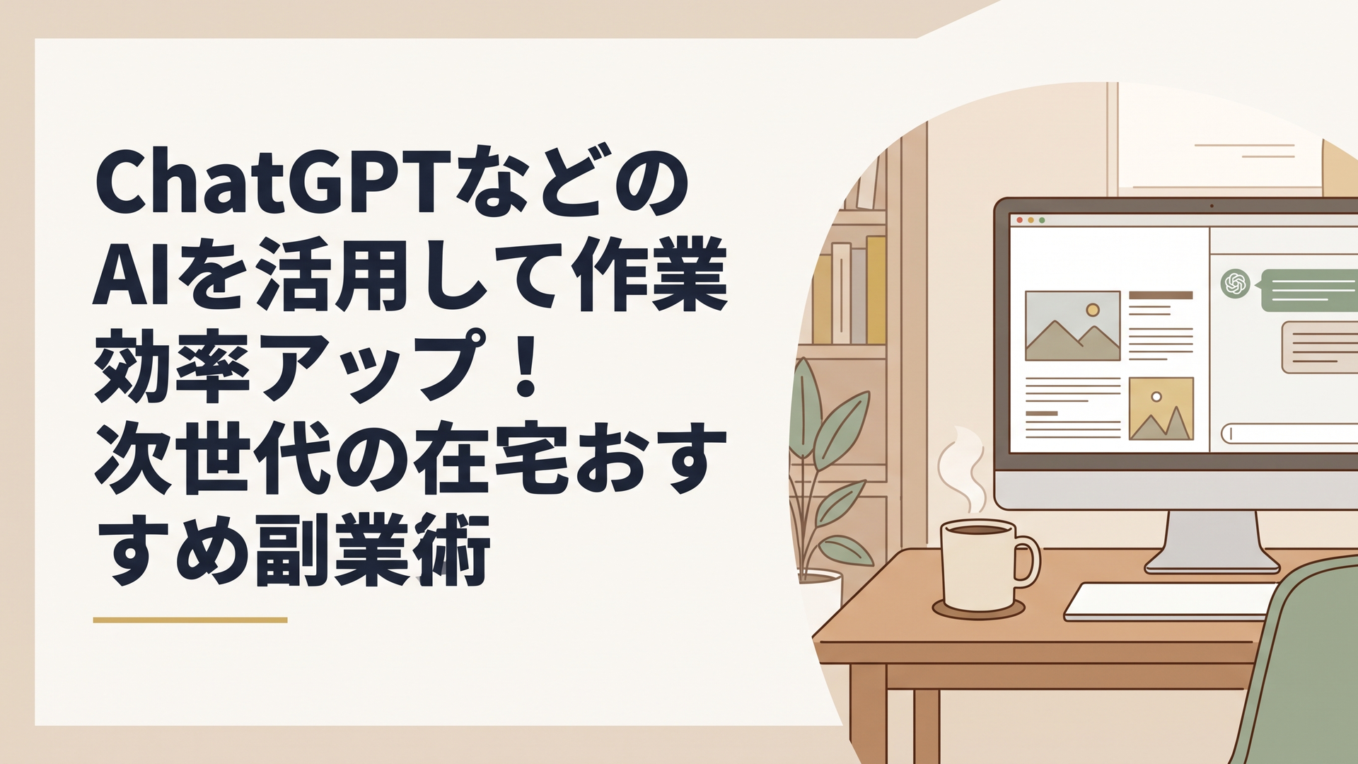 パソコンの画面にニュース記事とAIのチャット画面が映り、温かいコーヒーが置かれた落ち着いた書斎の風景