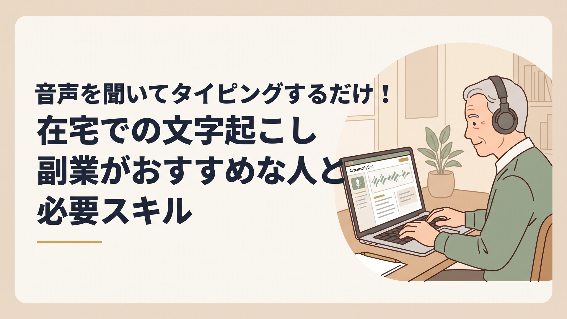 自宅の書斎でノートパソコンを開き、AI文字起こしツールの画面を見ながら、ヘッドホンをつけて穏やかな表情で作業を進めるシニア男性