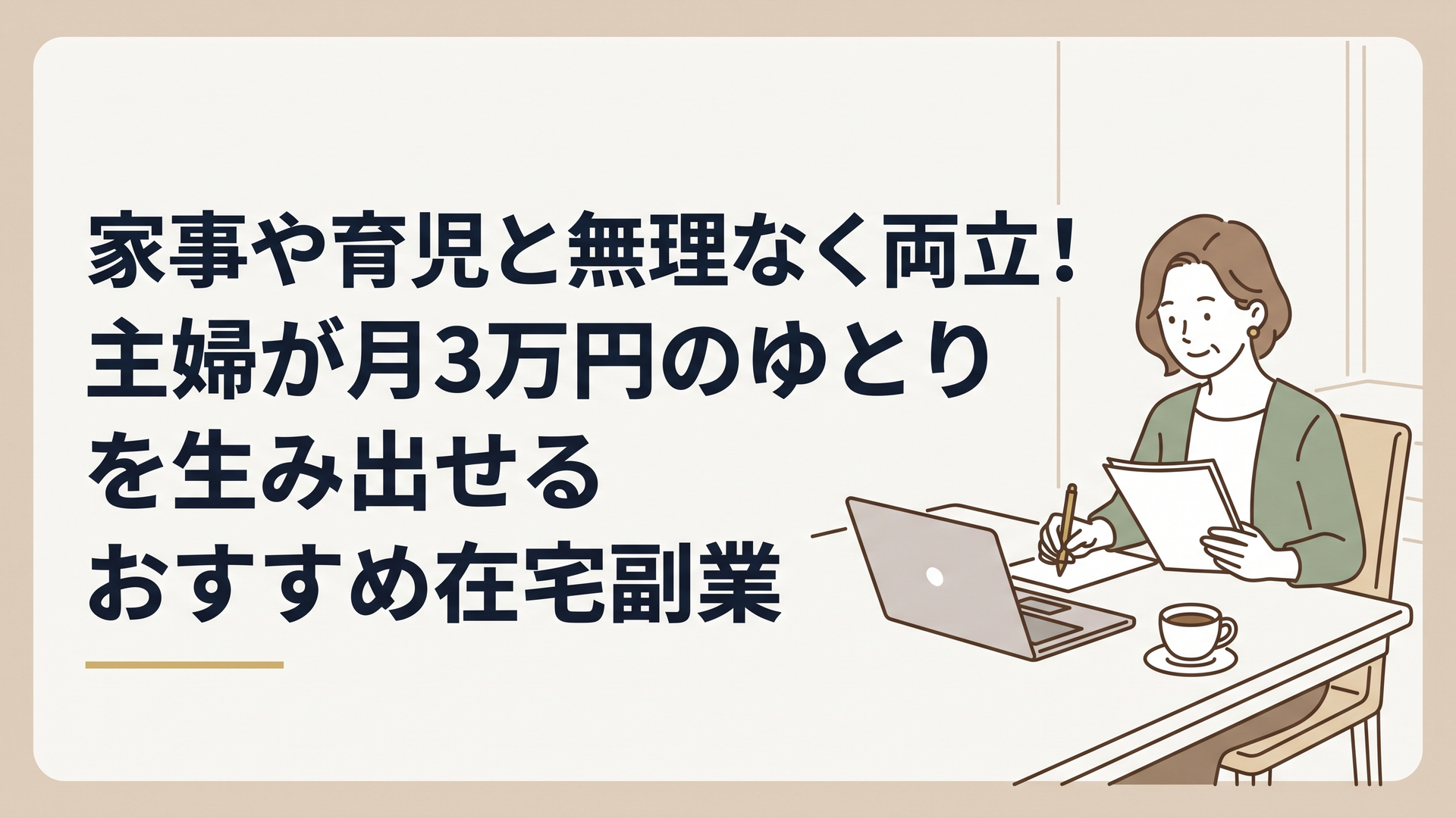 ダイニングテーブルにノートパソコンとコーヒーを置き、最新の調査データを熱心に読み込みながらメモを取る落ち着いた雰囲気の女性の姿