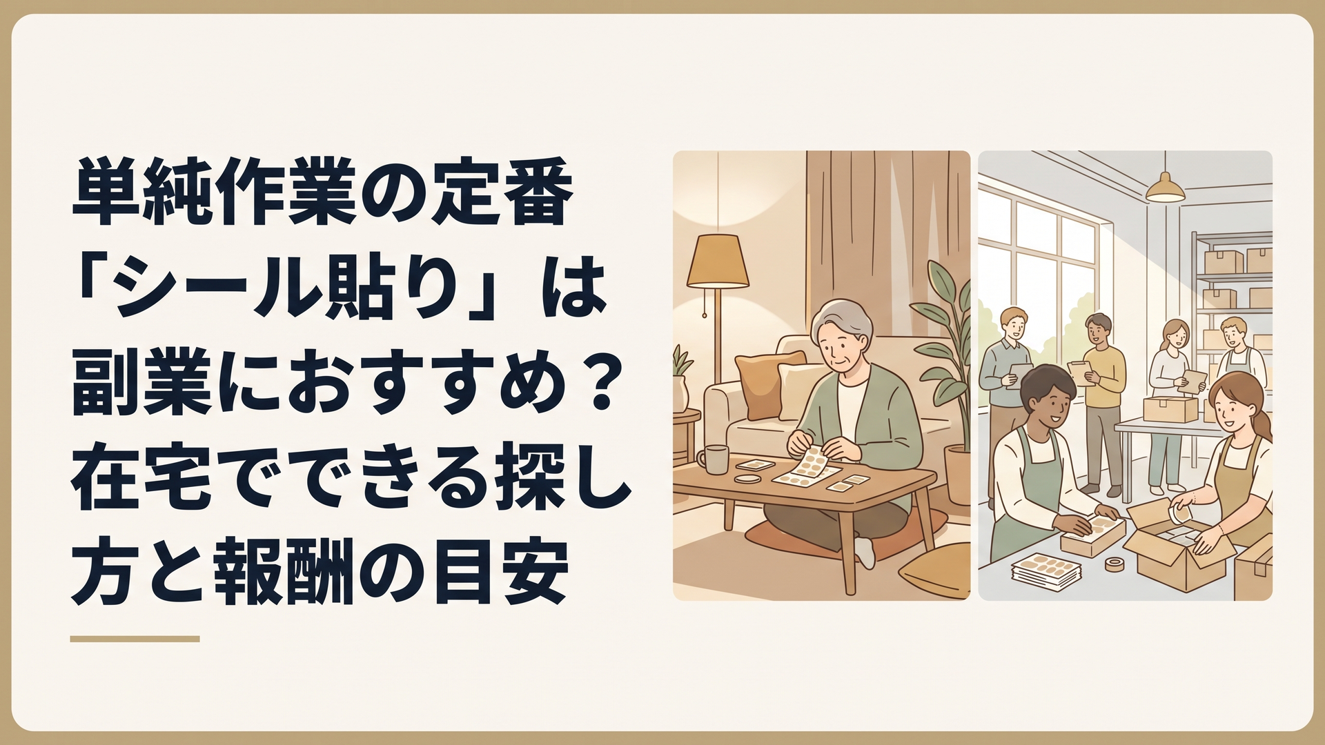 自宅のリビングで内職をする様子と、明るい倉庫で仲間と軽作業をする様子を並べて比較した、前向きな雰囲気の画像