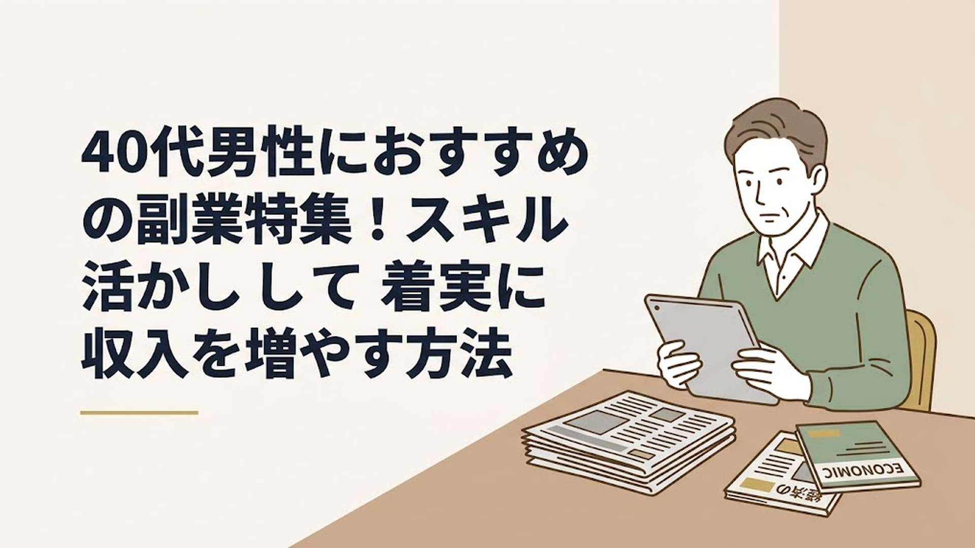 新聞や経済誌が置かれたデスクで、真剣な表情でタブレットのニュース記事を読む40代男性の姿