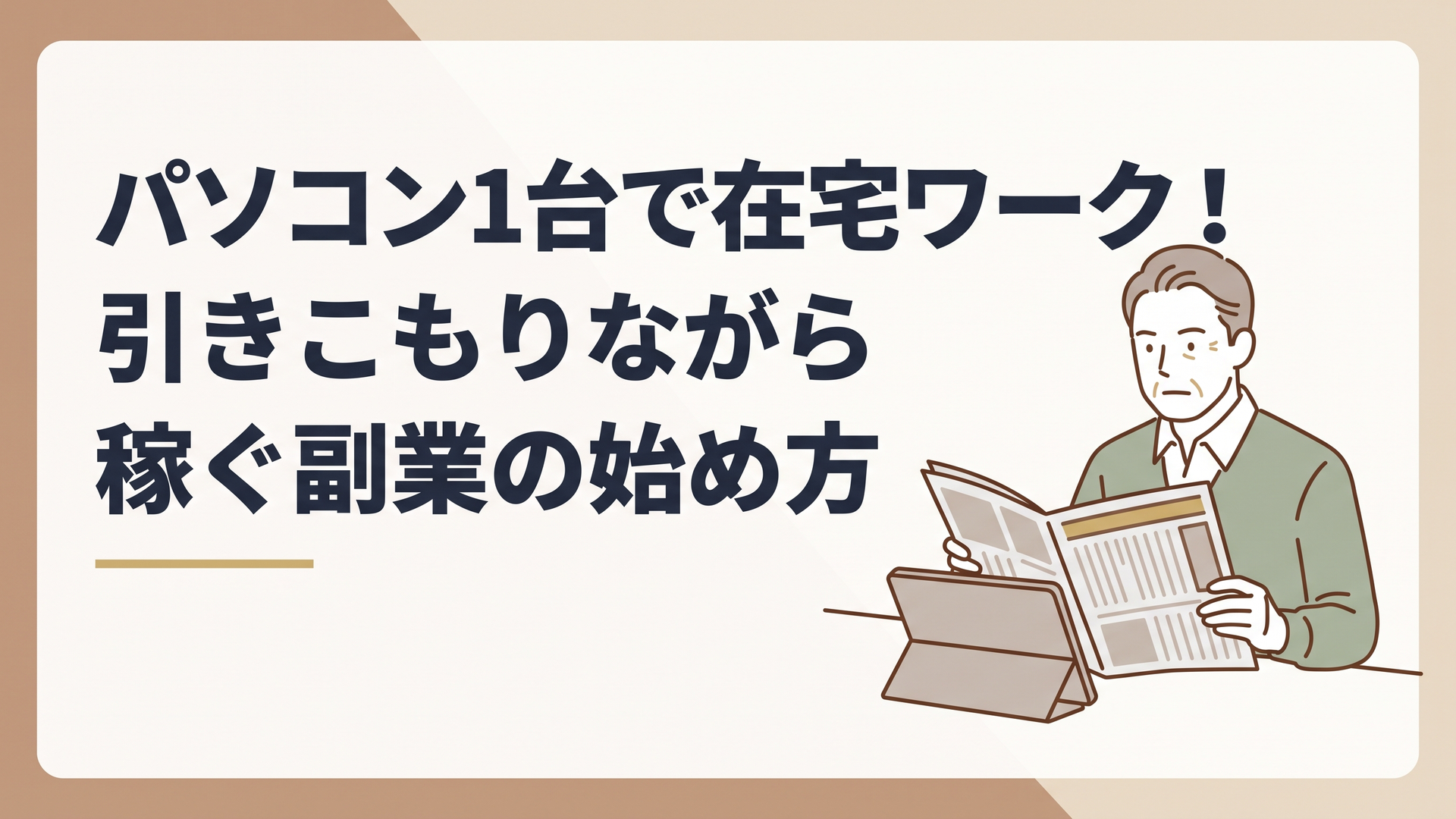 自宅のデスクで新聞やタブレットを開き、フリーランス新法に関するニュースを真剣な眼差しで読んでいる50代男性の姿