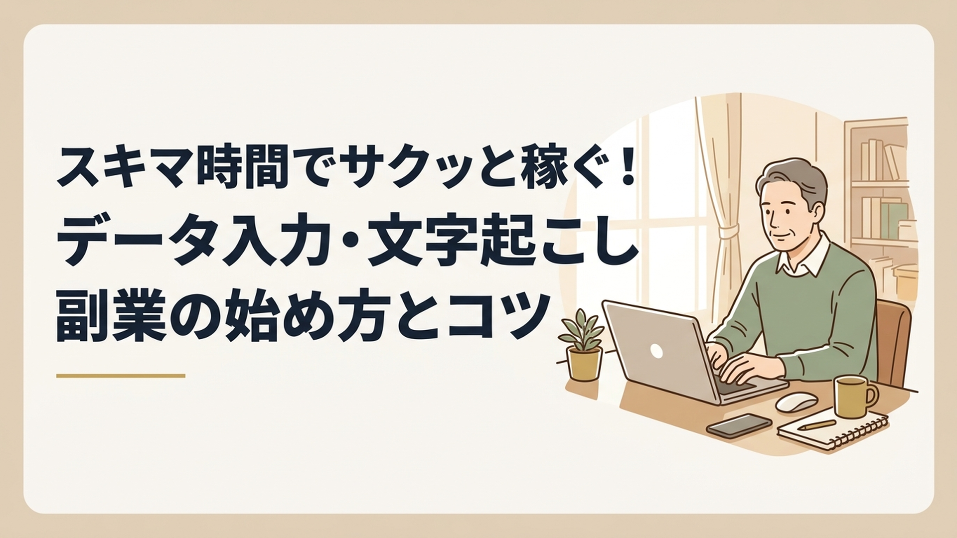 パソコンに向かって自宅のデスクで穏やかに作業する50代男性
