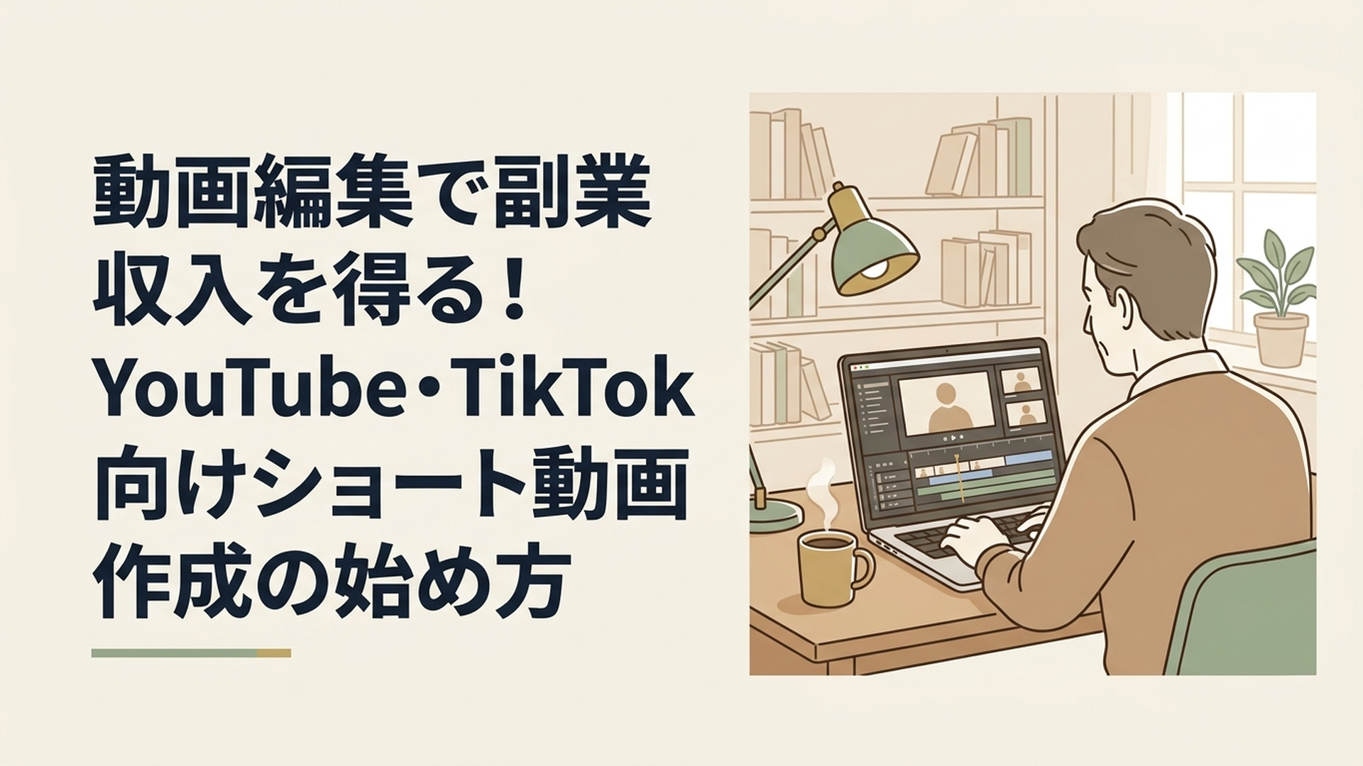自宅の書斎で温かいコーヒーを傍らに置き、真剣な眼差しでノートパソコンの動画編集画面に向き合っている50代男性の後ろ姿