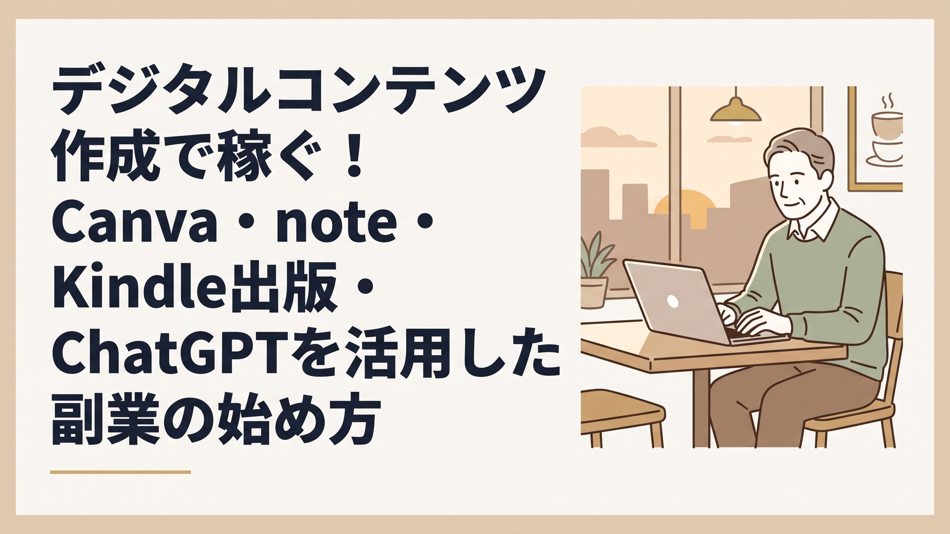 夕暮れのカフェでノートパソコンを開き、落ち着いた表情で副業に関する最新ニュースを読み込む50代男性の姿