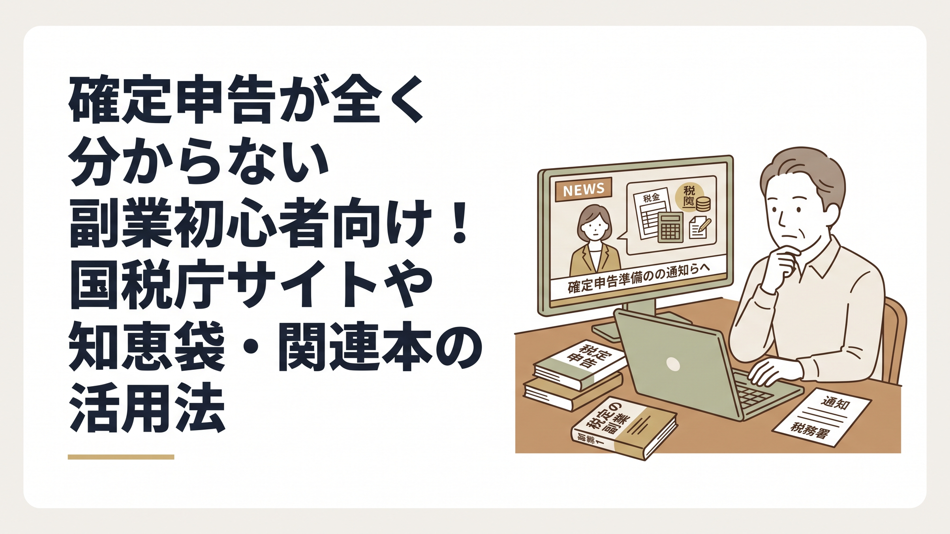 パソコンの前で確定申告の準備と税務署からの通知に関するニュースを見て真剣に考える中高年男性の姿