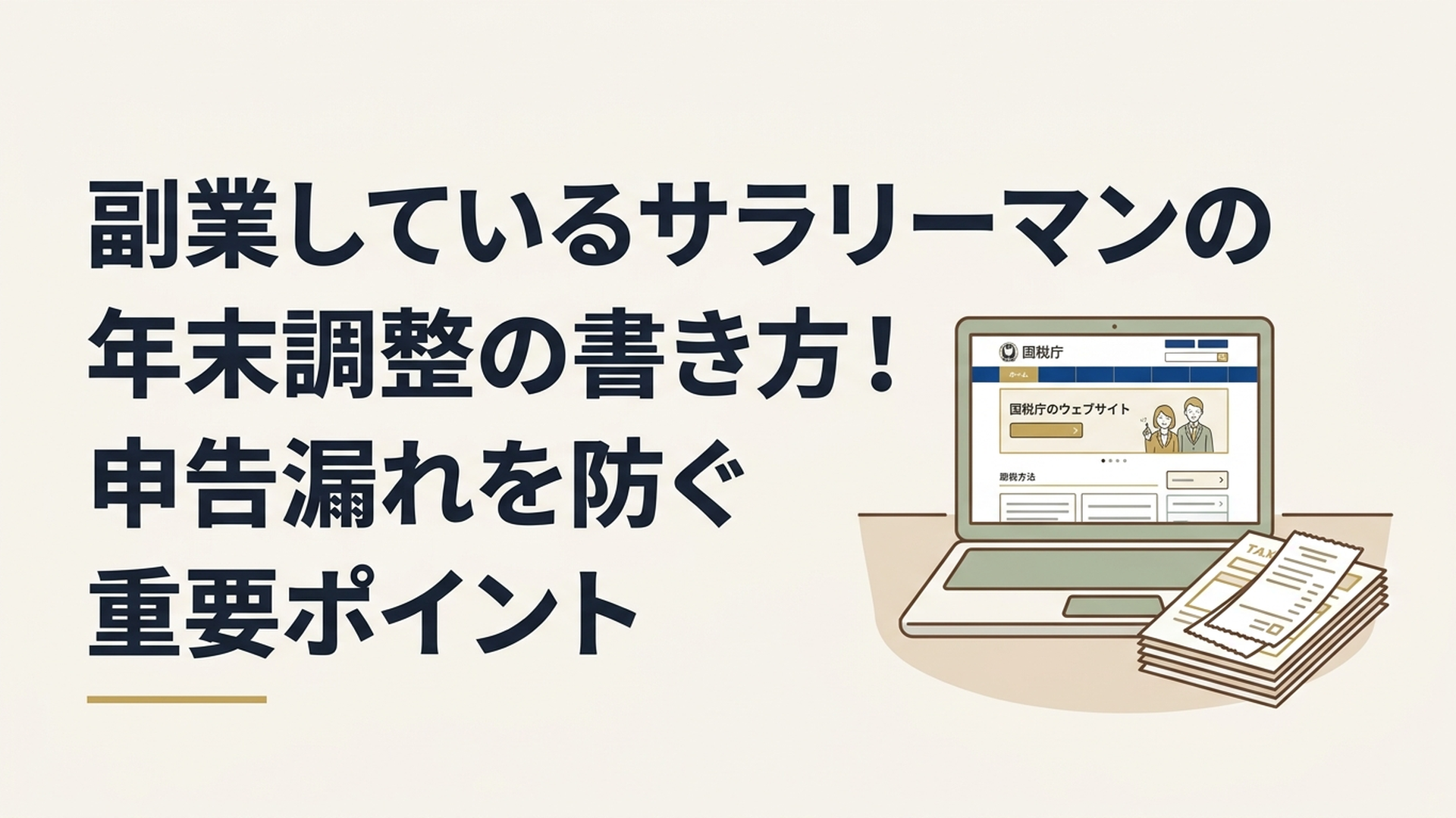 国税庁のウェブサイトが映し出されたパソコン画面と、その横に積まれた確定申告の領収書や書類