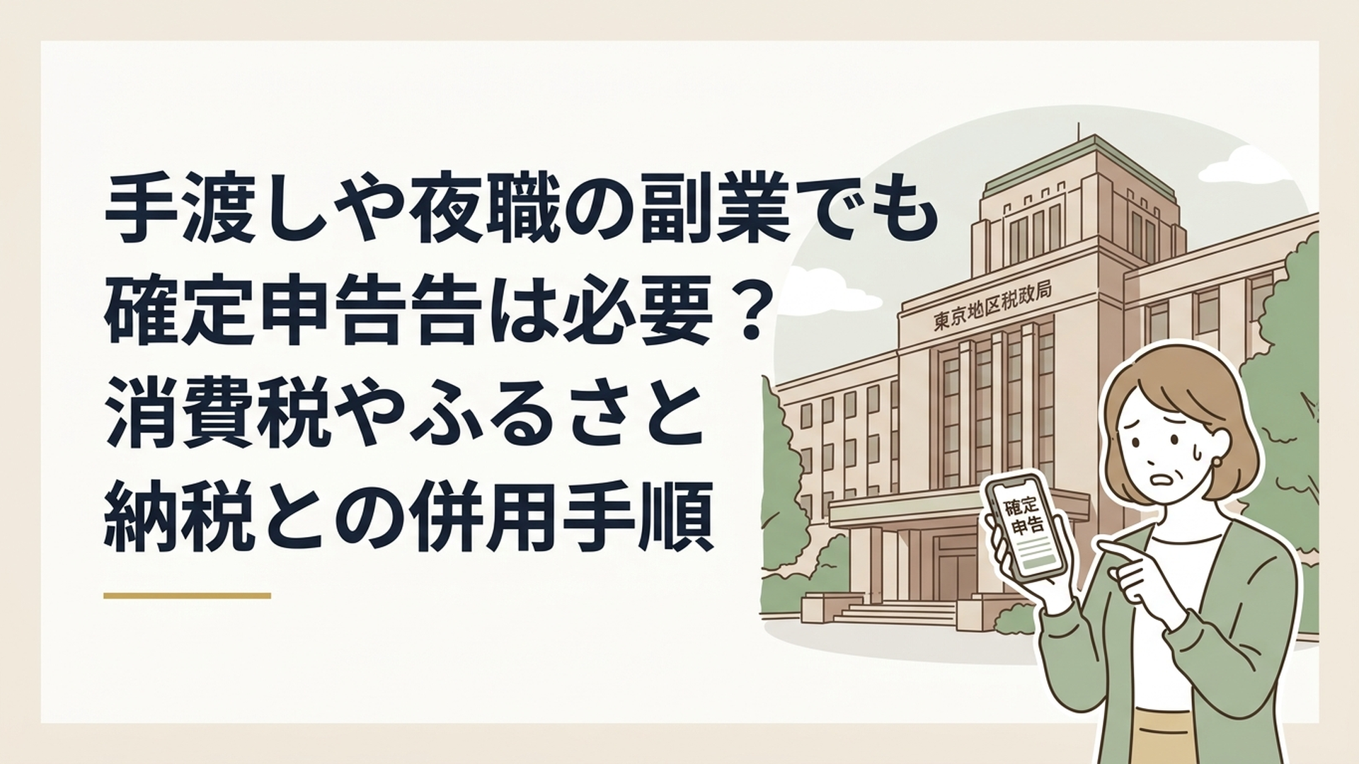東京国税局の重厚な建物と、スマートフォンで確定申告のニュースを見て焦る女性の様子