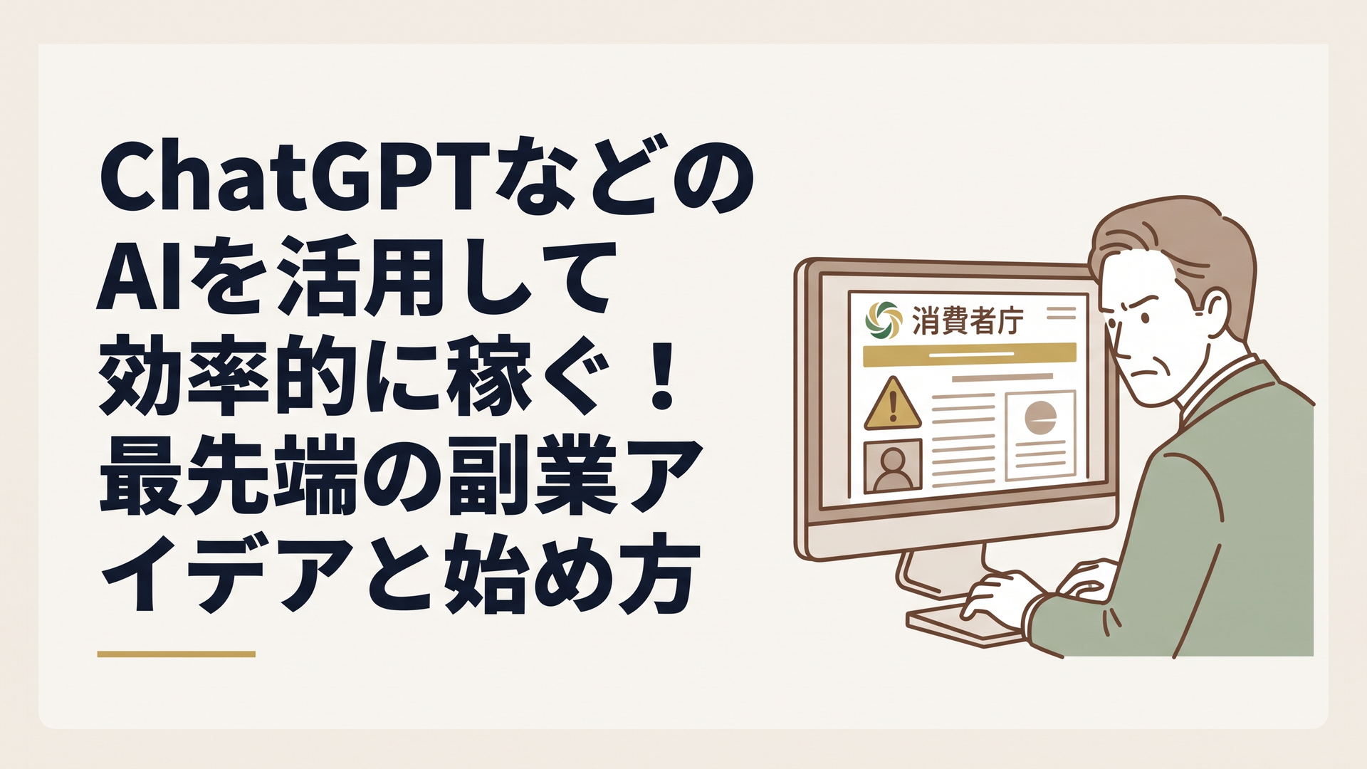 パソコン画面に映る消費者庁の「注意喚起」のプレスリリースを、険しい表情で真剣に読み込む50代男性の姿