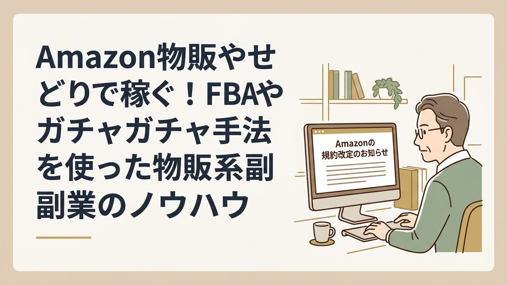 書斎のパソコン画面に映るAmazonの規約改定のお知らせを、眼鏡をかけて真剣な眼差しで見つめる50代男性