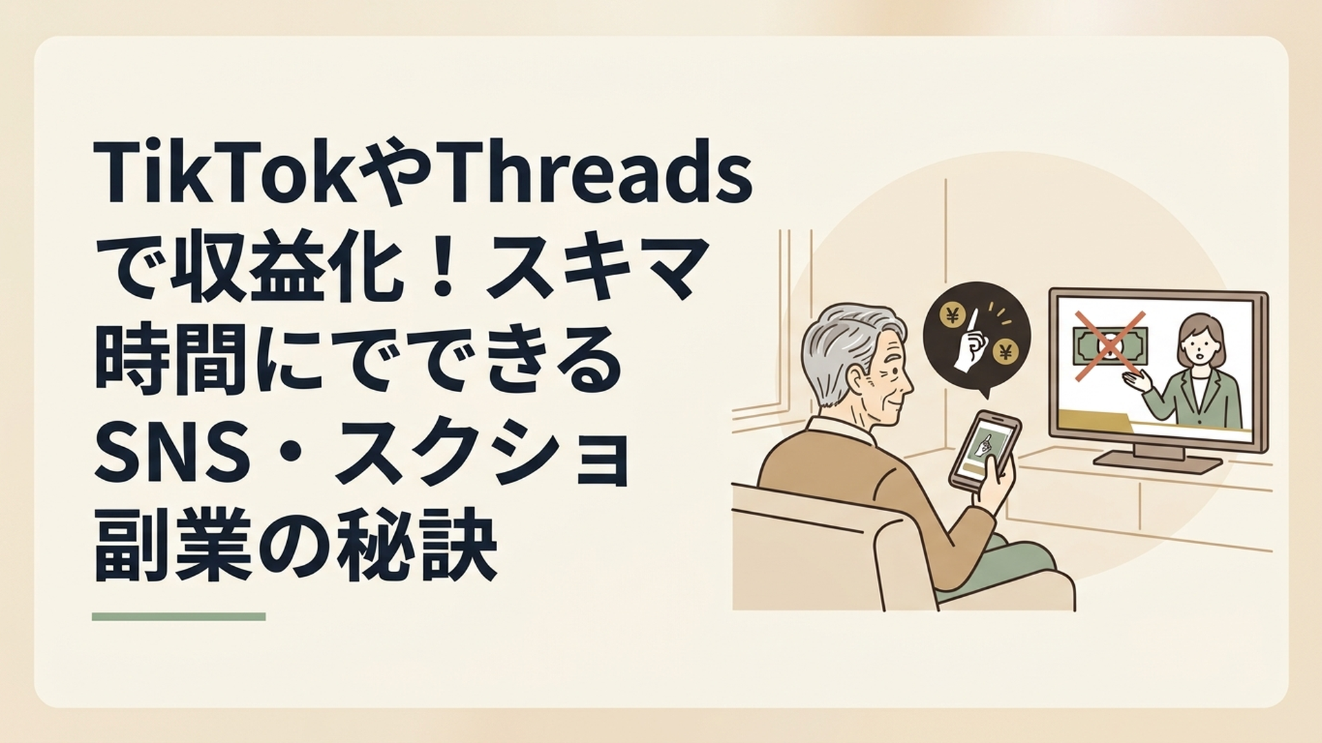 スマホで怪しい副業広告を見つめる中高年と、注意喚起のニュースが流れるテレビ画面の対比シーン
