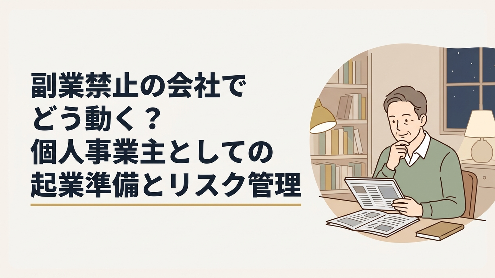 夜の書斎でニュース記事を読みながら自身の今後の働き方について考える50代男性