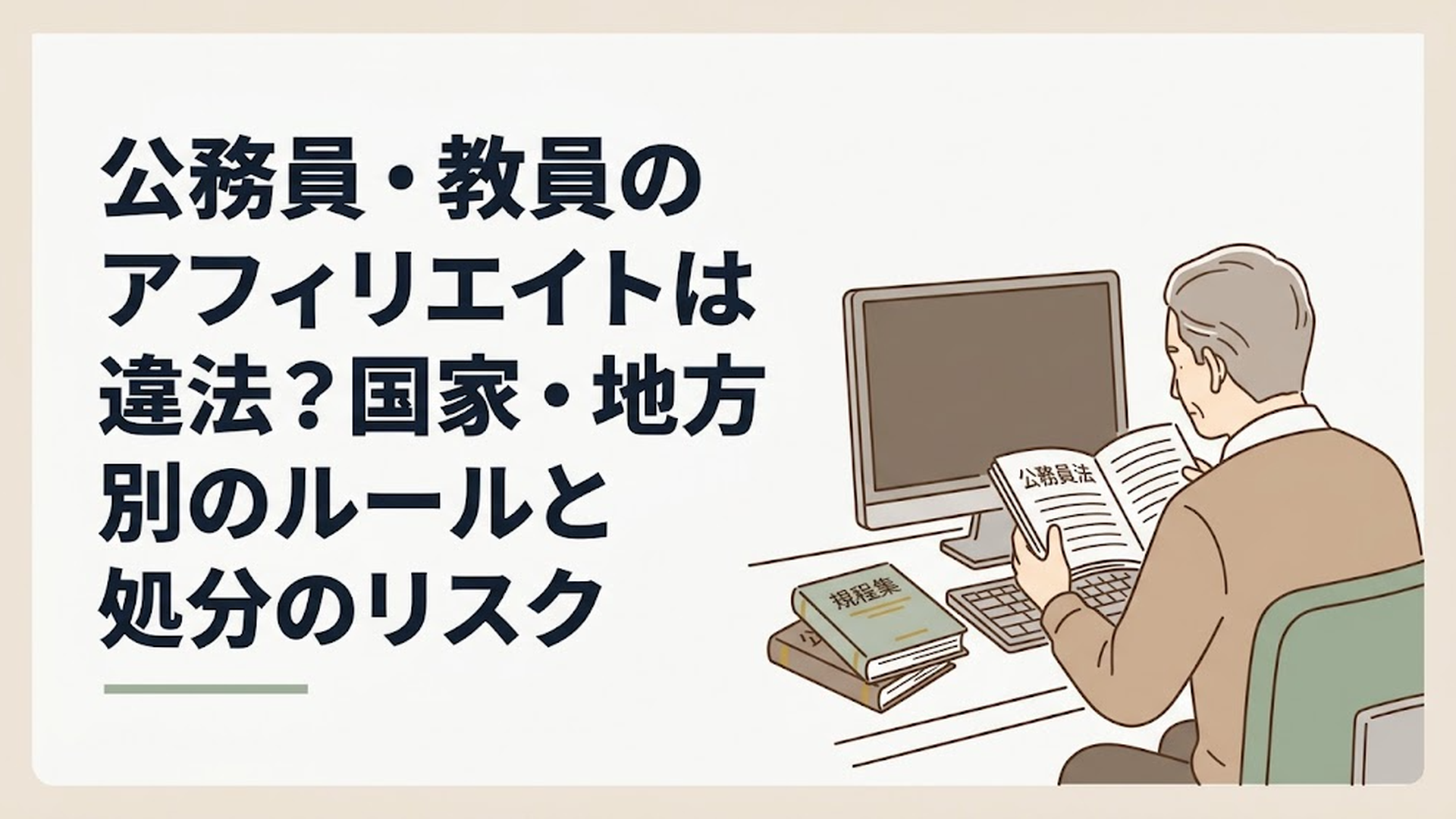 休日の静かな書斎で、パソコンに向かいながら真剣な表情で公務員法や規程集を読み込む初老の男性の後ろ姿