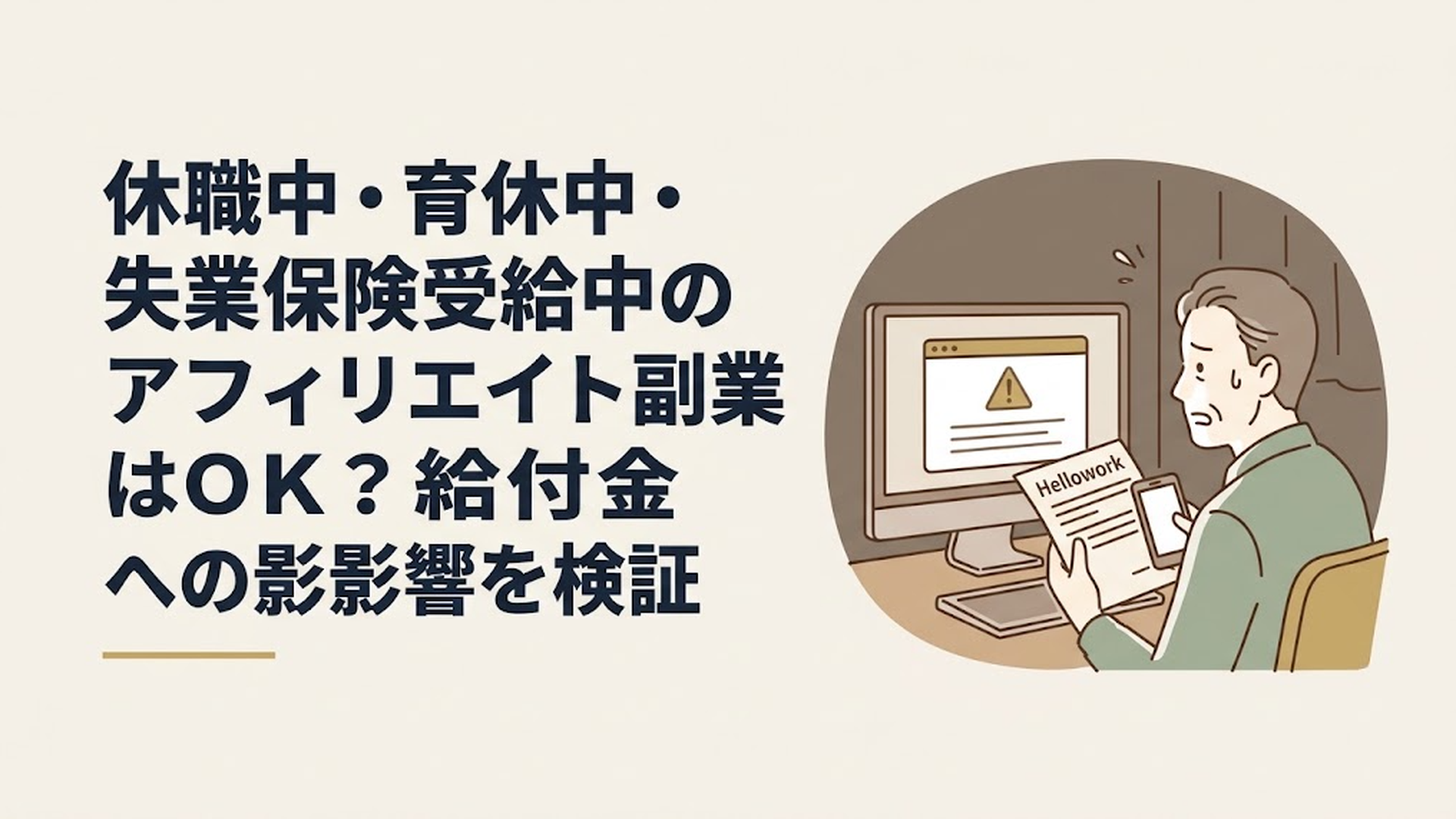 薄暗い部屋でパソコン画面の警告文を見つめながら、手元のハローワークの書類とスマートフォンを不安げに見比べる50代男性の姿
