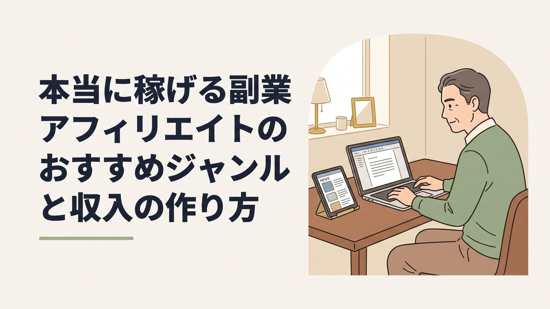 最新のニュース記事をタブレットで確認しながら、穏やかかつ真剣な表情でノートパソコンに向かいブログを執筆する50代男性の姿