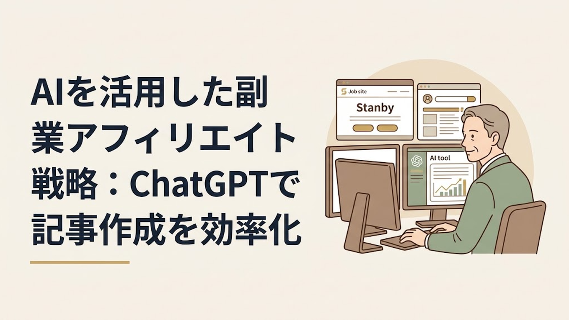 スタンバイなどの求人サイトの画面とAIツールを並べたモニターを前に、落ち着いた表情で市場データと向き合う50代男性の姿