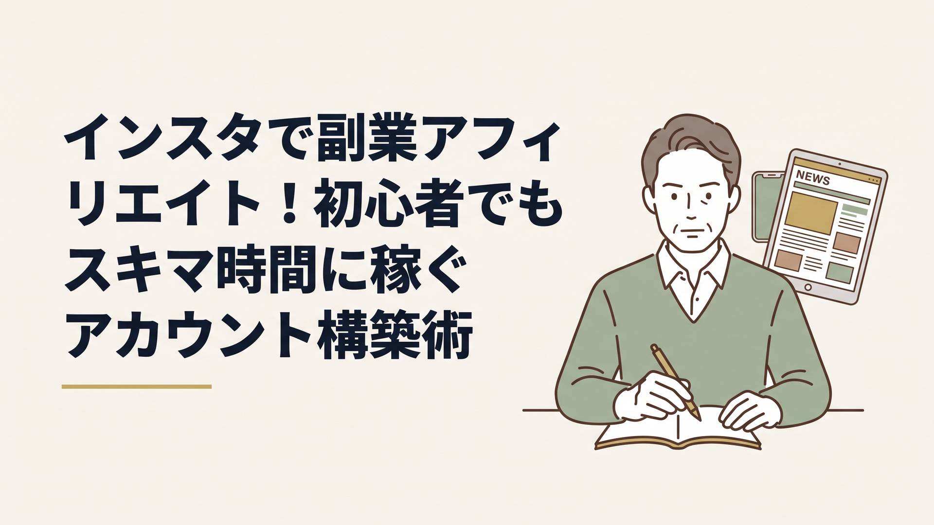 スマートフォンとニュース記事が映るタブレットを並べ、ノートに真剣な表情でメモを取る50代男性の姿