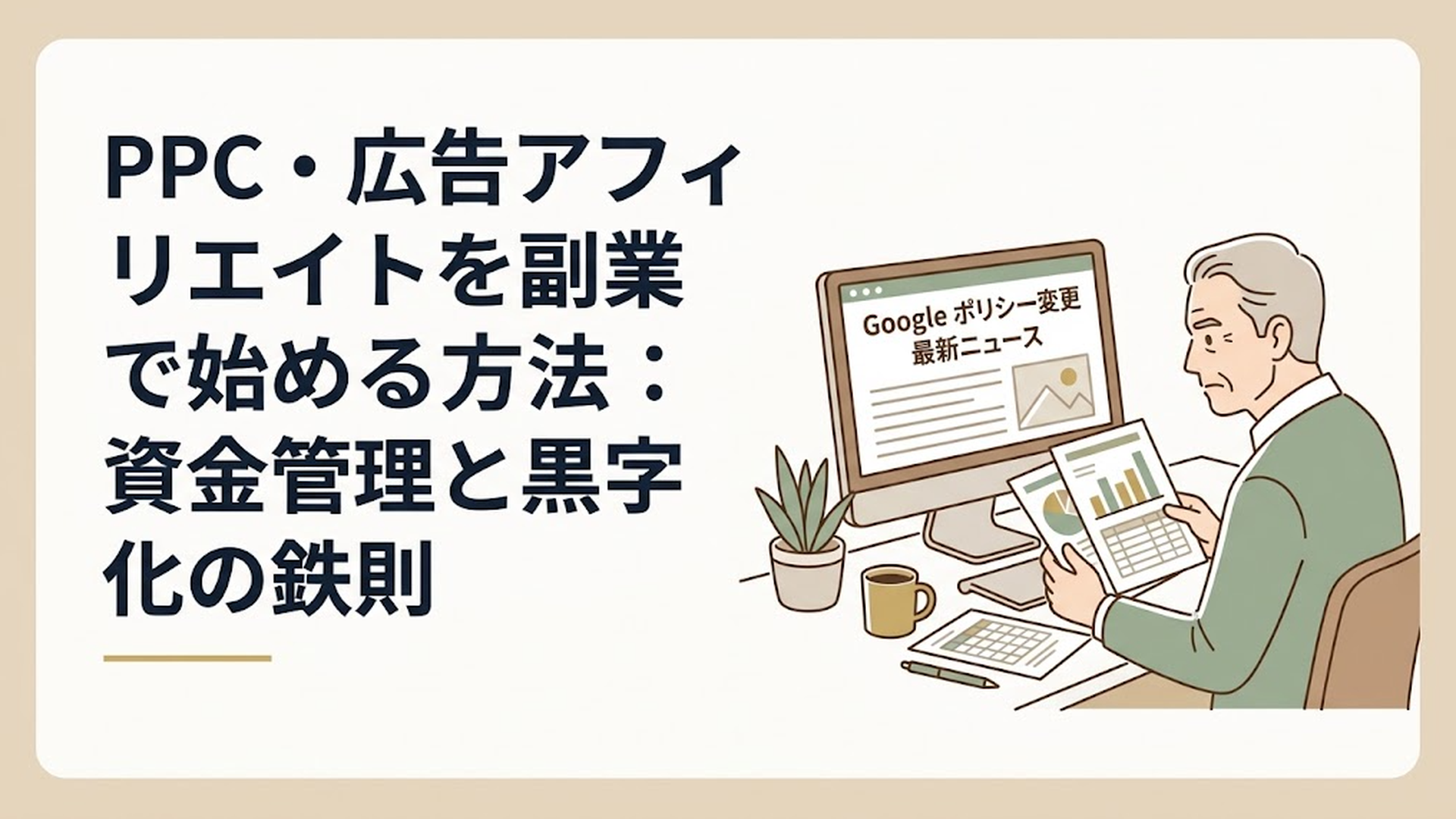最新のGoogleポリシー変更のニュース画面が映るモニターと、手元のデータ資料を真剣に見比べるシニア男性のデスク風景