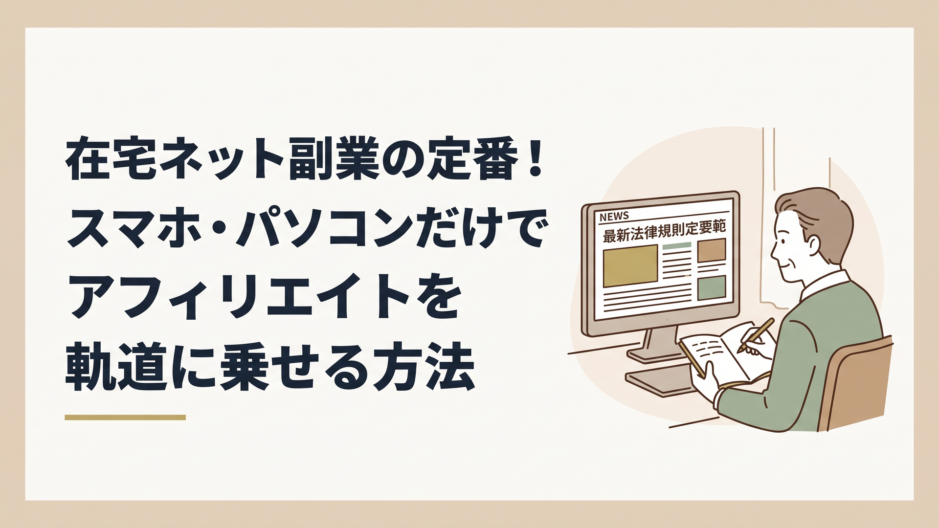 静かな書斎で、最新の法規制に関するニュース記事をパソコン画面で確認しながら、手元のノートに今後のブログ運営方針を書き留めている50代男性の姿