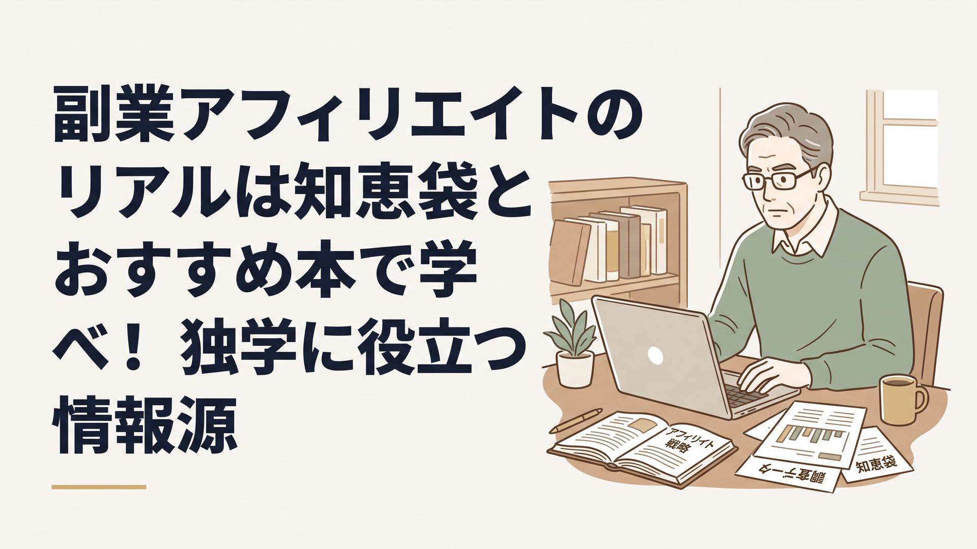 自宅の書斎でノートパソコンとアフィリエイトの調査データが載った資料を広げ、真剣な眼差しで画面を見つめる50代男性