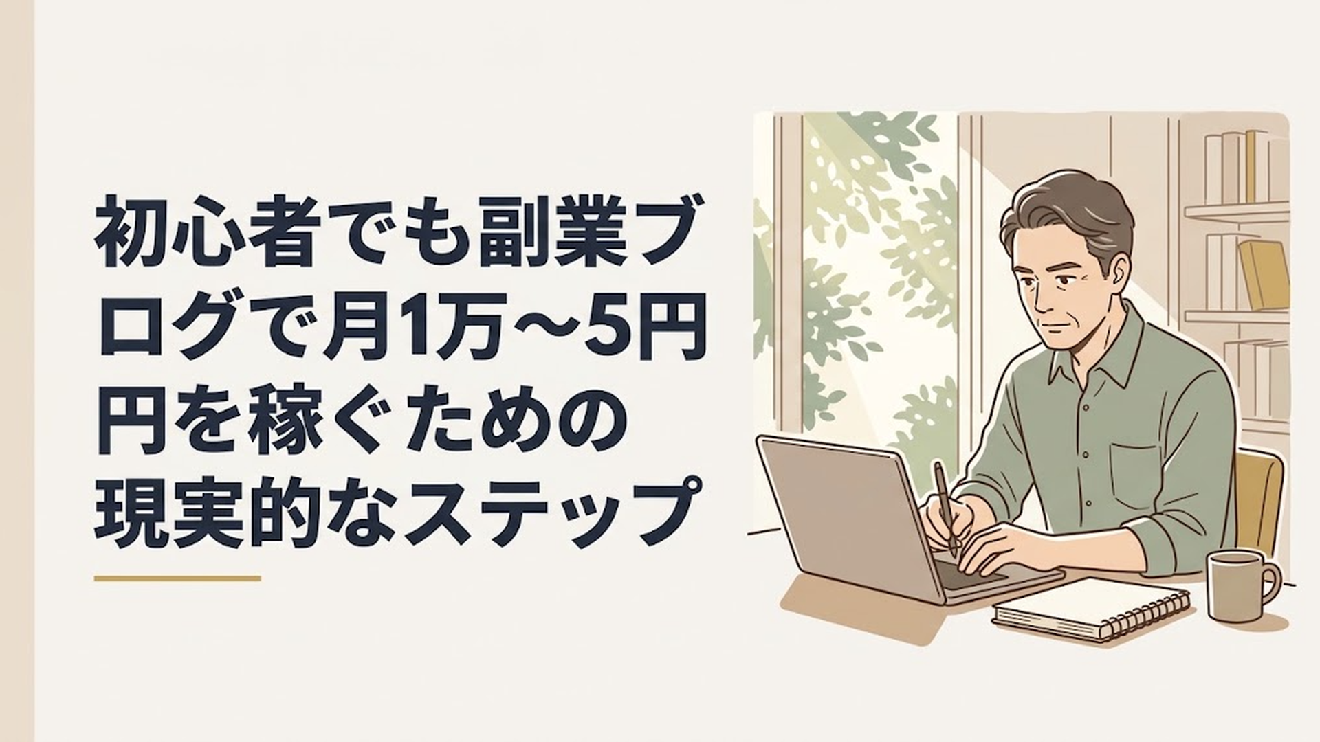 木漏れ日の差し込む書斎で、分厚いノートとコーヒーを傍らに置き、ノートパソコンに向かって真剣な表情でブログを執筆している50代男性の姿