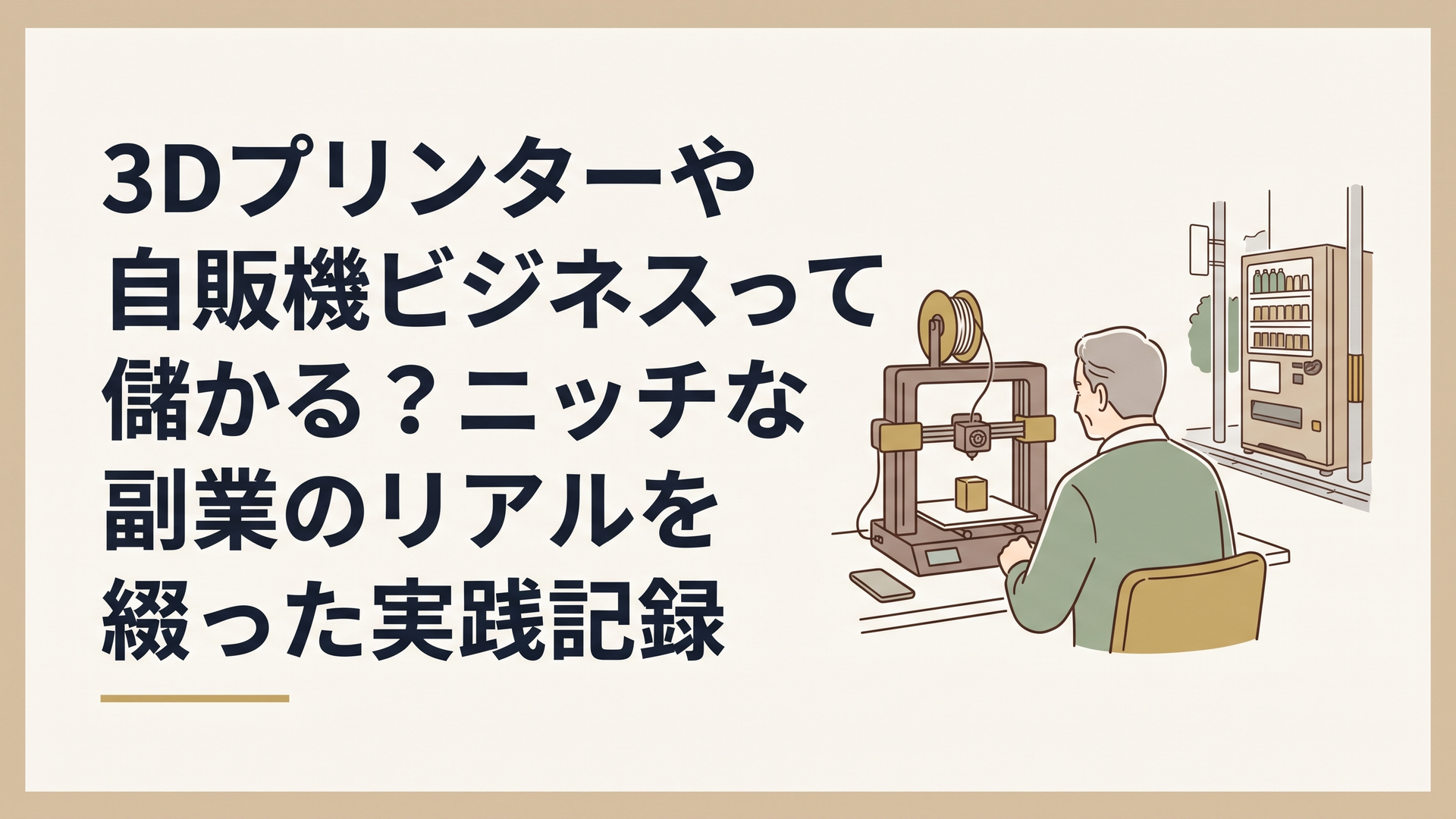 自宅のデスクで3Dプリンターと向き合う中高年男性の背中と、街角にひっそり立つ自販機のイメージ