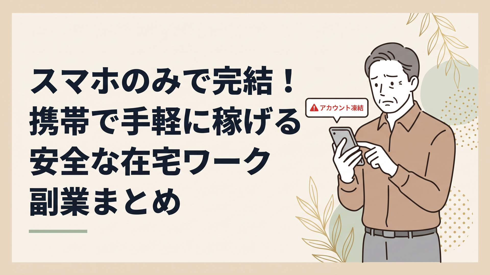 スマートフォンを手に持ち、画面に表示された「アカウント凍結」の赤い警告文字を不安そうに見つめる50代男性の姿