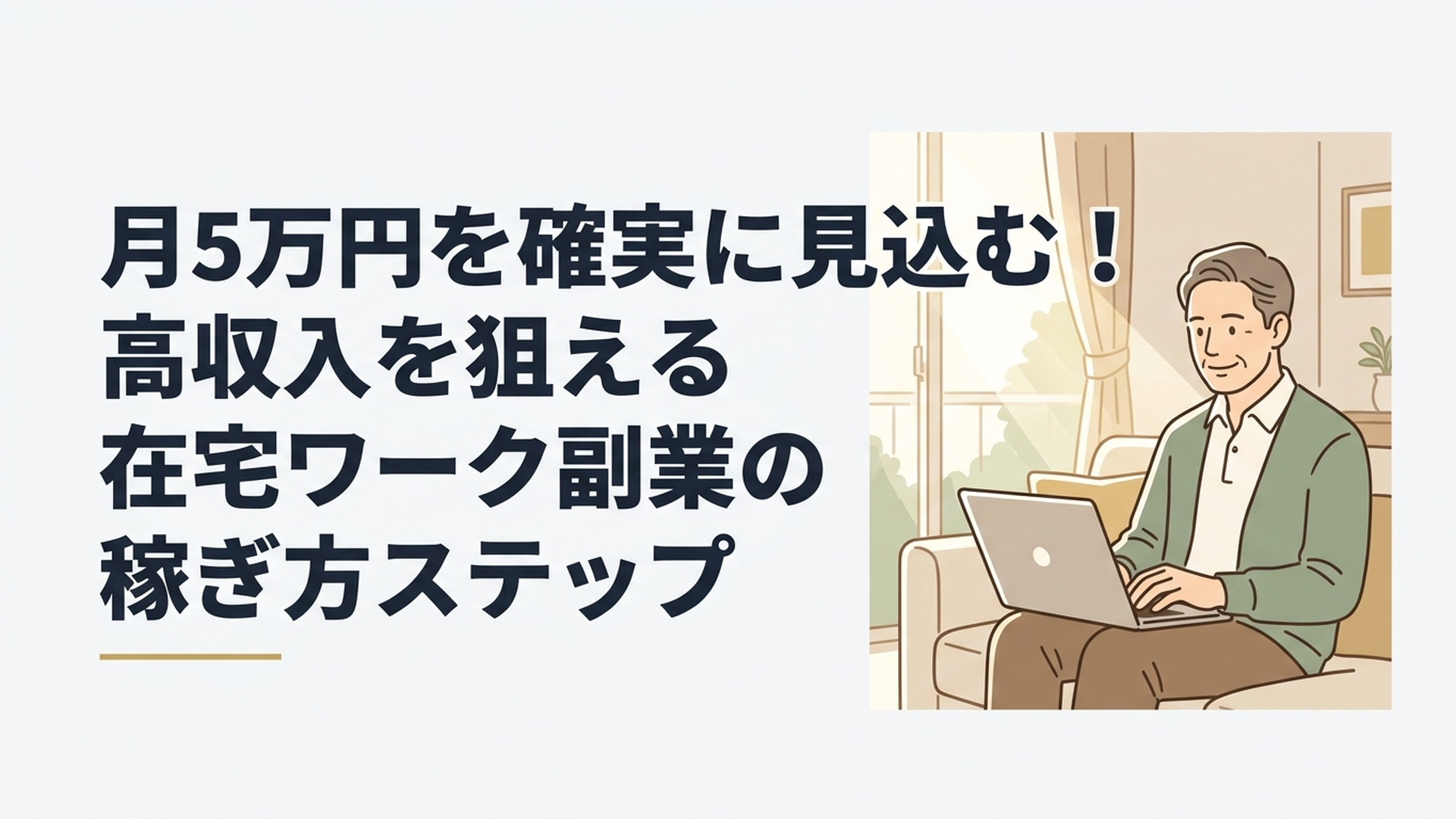 日差しが差し込むリビングで、リラックスした表情でノートパソコンに向かう50代男性の姿