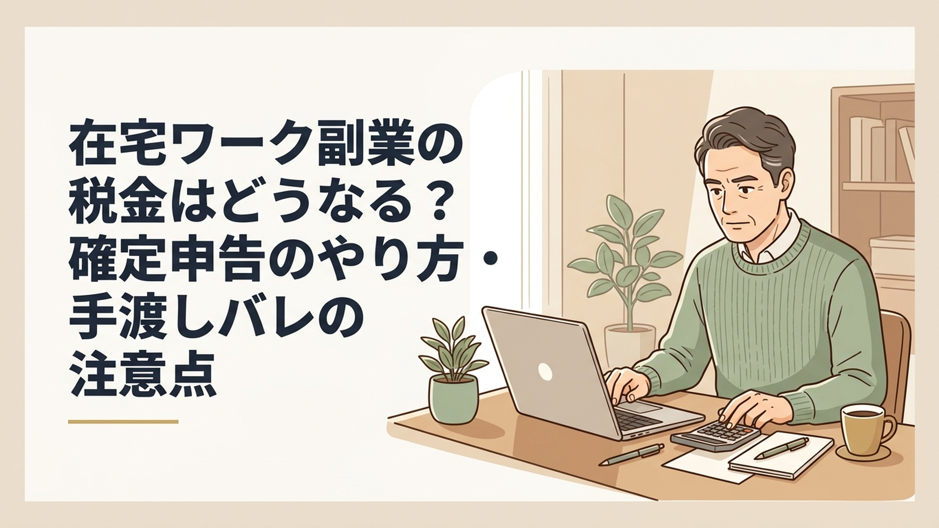 パソコンに向かって真剣な表情で電卓を叩く50代男性の姿