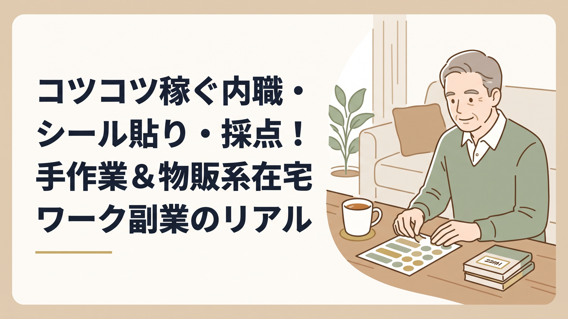 自宅のリビングで温かいお茶を傍らに置きながら、落ち着いた表情でシール貼り作業をしている中高年男性の手元