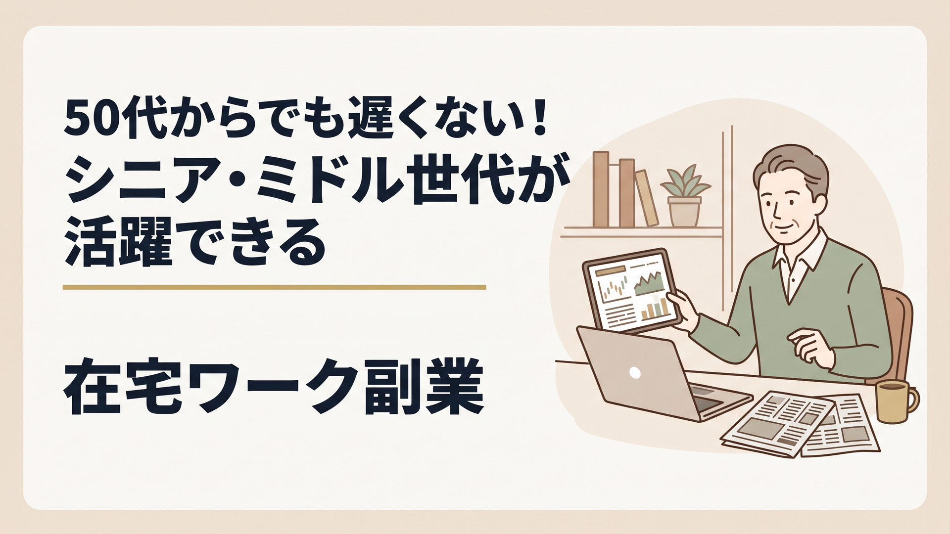新聞やタブレットで経済ニュースを読みながら、自宅の書斎でノートパソコンを開いている50代男性の姿