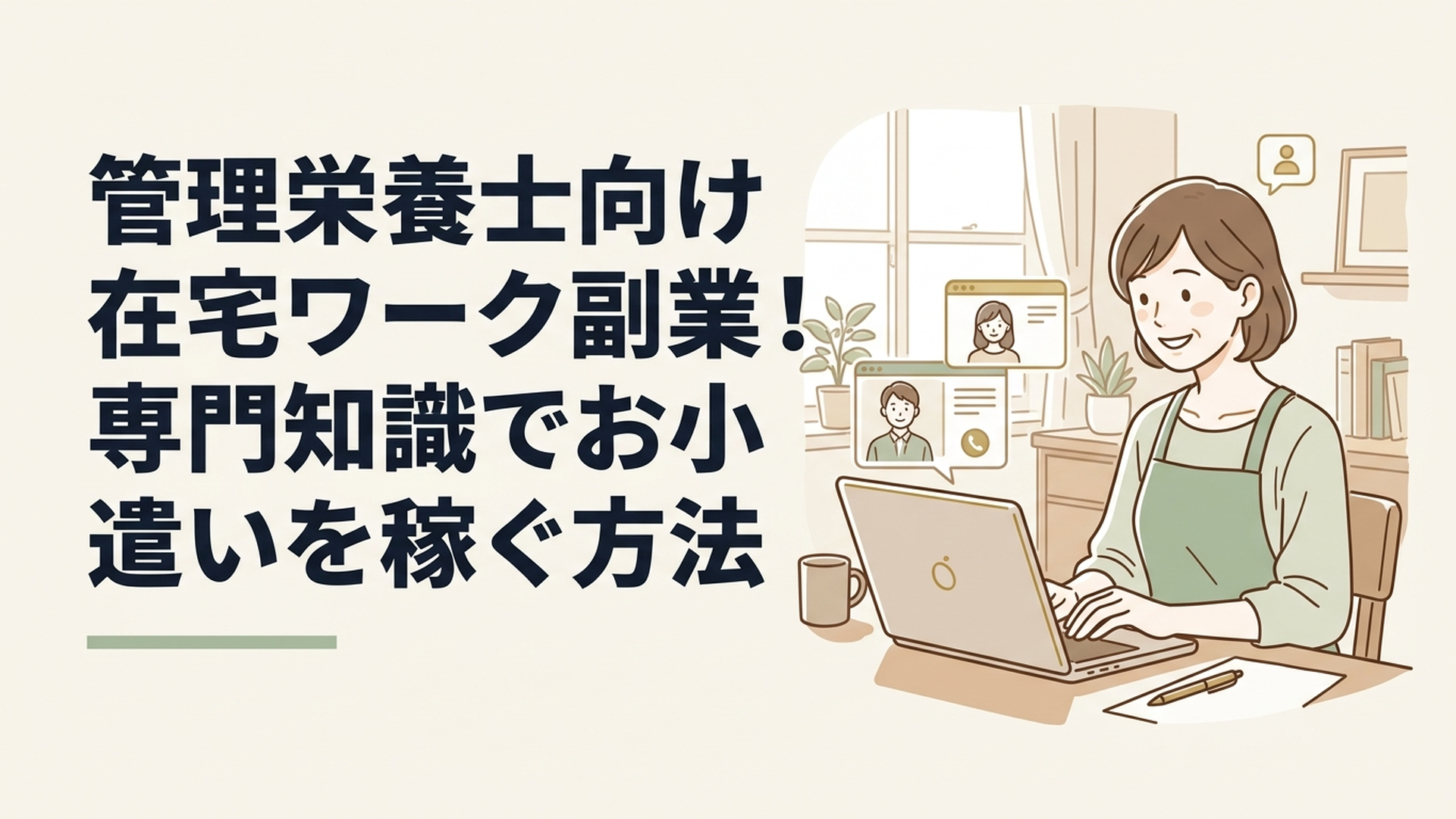 自宅のパソコンの前で笑顔でオンライン面談を行うエプロン姿の女性