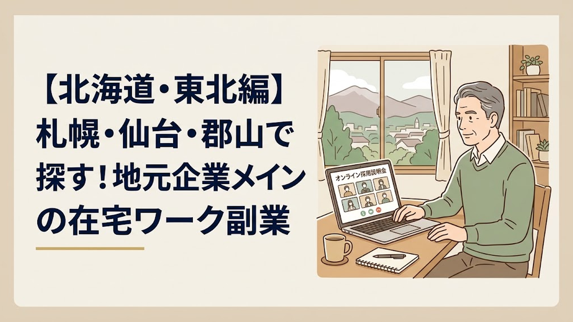 地方の自宅のデスクで、貸与されたノートパソコンを開き、企業のオンライン採用説明会に真剣な表情で参加している50代男性の姿