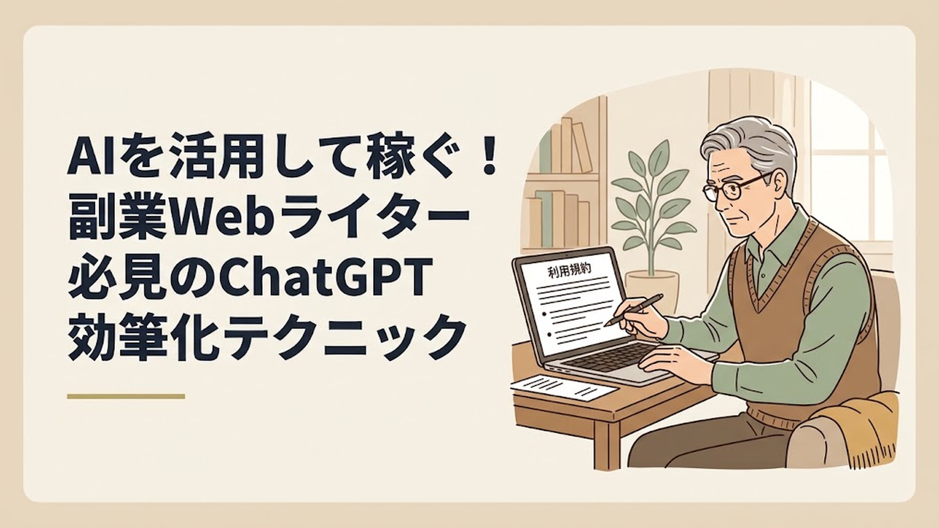 パソコンの画面に表示された利用規約を真剣な表情で確認している50代男性の姿