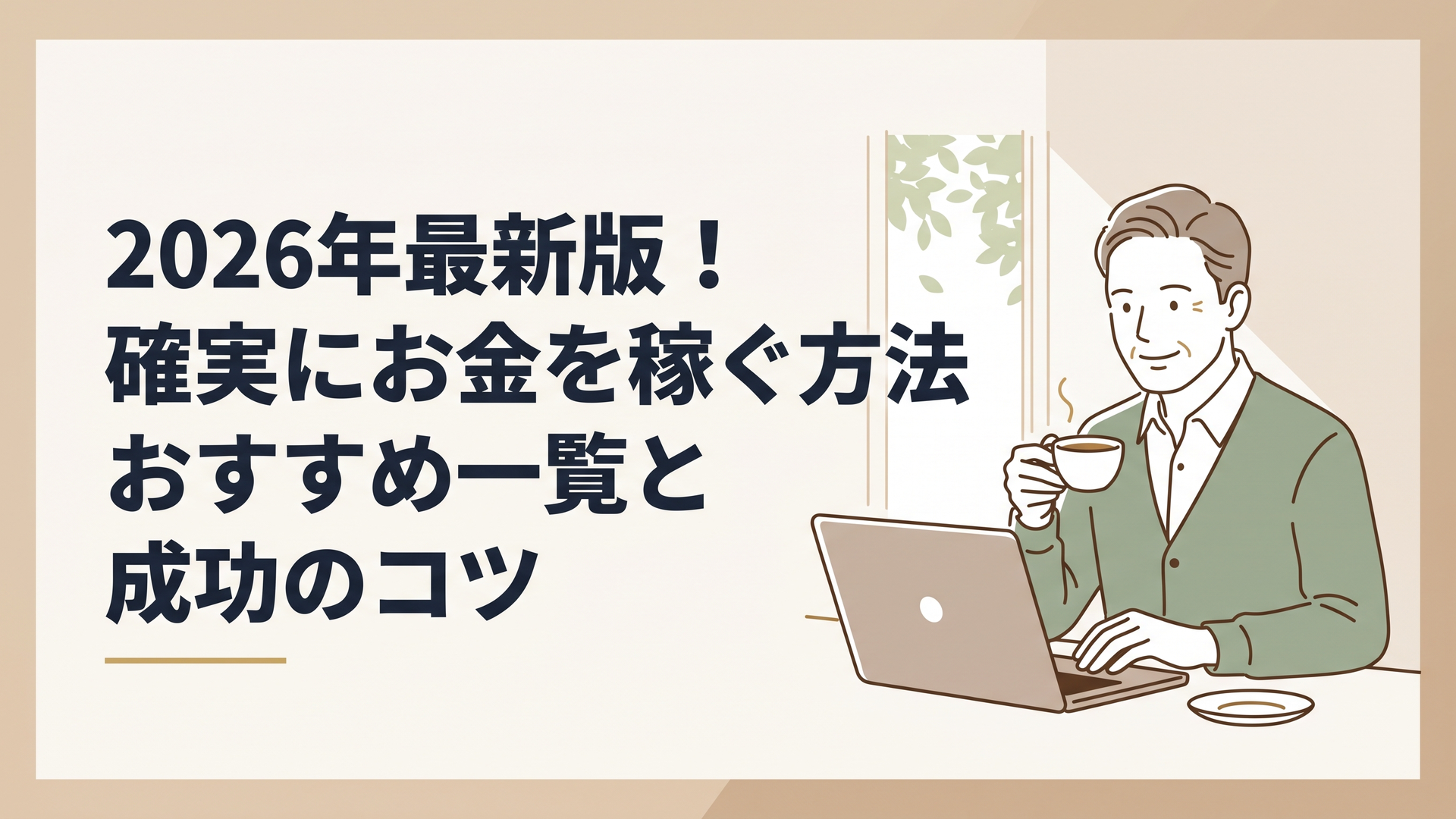 木漏れ日の差し込む書斎で、温かいコーヒーを飲みながらノートパソコンに向かって穏やかに微笑む50代の男性